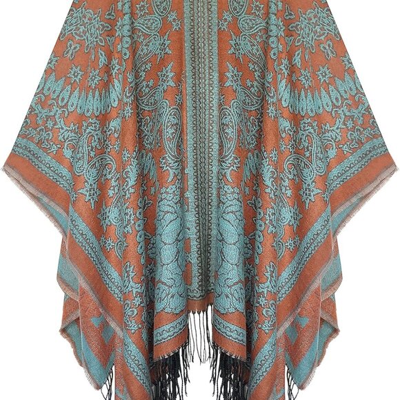 Women's Printed Tassel Open front Poncho Cape Cardigan Wrap Shawl - Picture 2 of 6